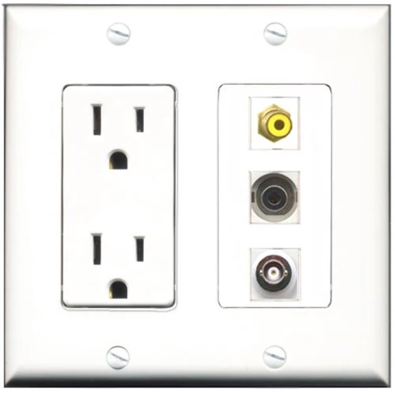 RiteAV - 15 Amp Power Outlet 1 Port RCA Yellow 1 Port 3.5mm 1 Port BNC Decorative Wall Plate