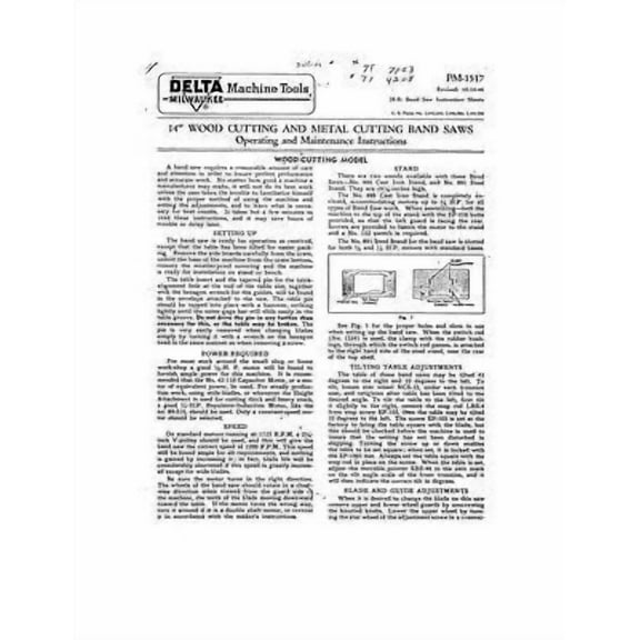 Instruction Manual ONLY for Delta Rockwell PM-1517 Milwaukee 14" Wood and Metal Cutting Band Saws REPRINT