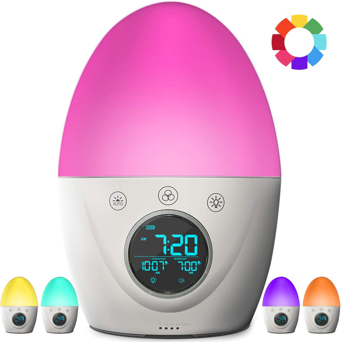 Kids Alarm Clock,Wake Up Light,Color Changing Night Light,5 Nature Sounds clock 