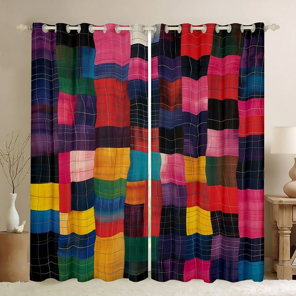 Manfei Vintage Square Geometric Black Out Curtains, Colorful Abstract Curtains Pack of 2 (42x63 Each), Teen Child Adult Bedroom Curtains, Curtains and Drapes Home Decor