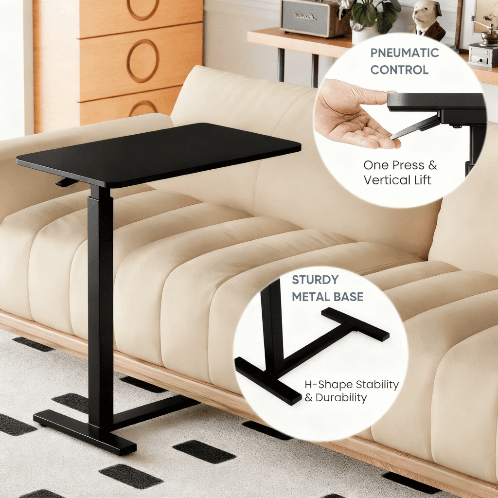CONCETTA Overbed Table with Wheels, Mobile and Adjustable height Standing Desk, Saves Space for Hospital, Bedside, Black
