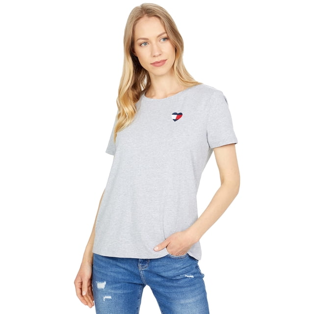 Camiseta Tommy Hilfiger para mujer, cuello redondo, logotipo, gris piedra