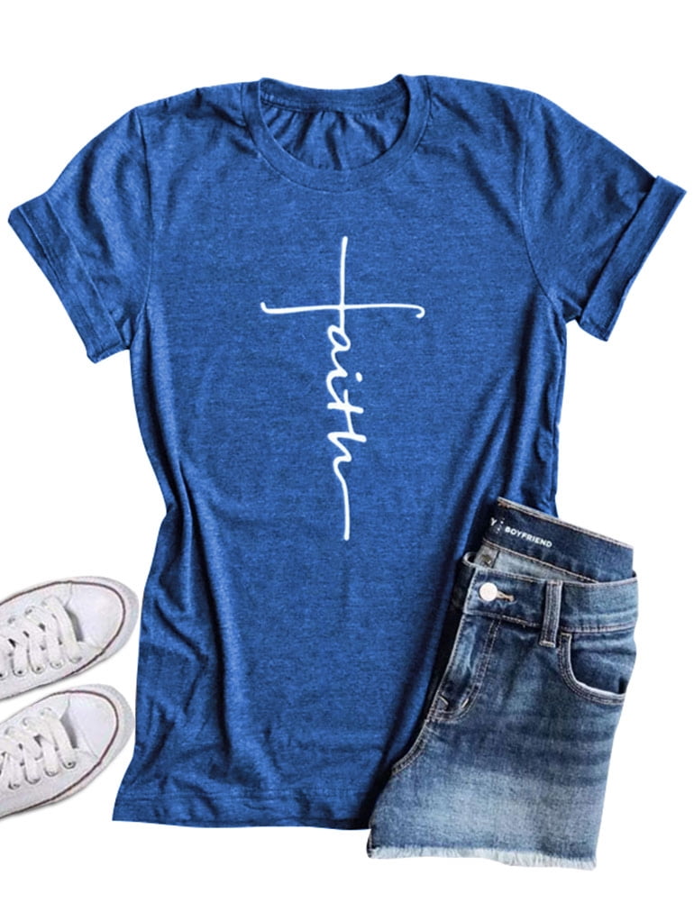 Nlife Women's Short Sleeve Faith Letter Print Pullover Tops