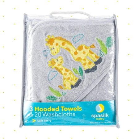 Spasilk Bath Hooded Towels & Washcloths Set for Babies, 23-Piece Gift Set, Gray Giraffe