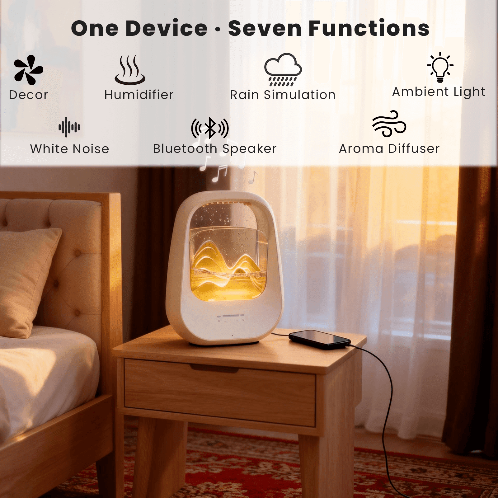 Rain Drop White Noise Machine with Humidifier, Bluetooth Speaker & Aroma Diffuser, 7-Color Mood Light and Nature Sounds for Bedroom, Office & Meditation, Beige
