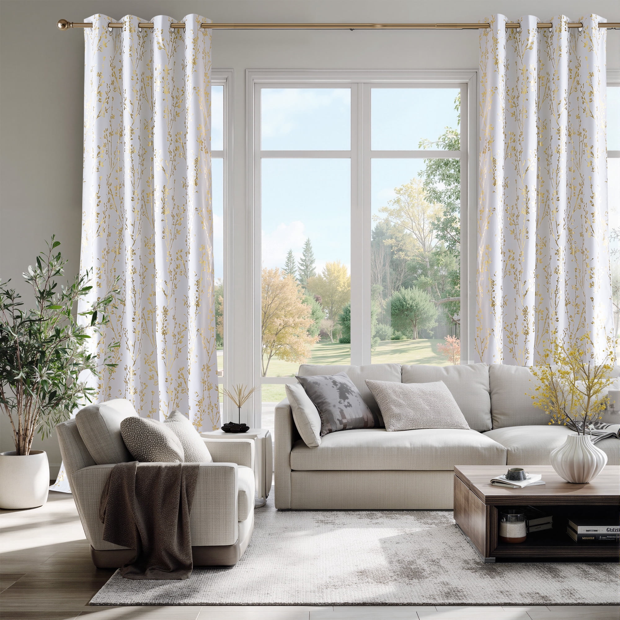 NICETOWN 100% Blackout Curtains 84 Inch Length Gold White Foil Branch Grommet Full Room Darkening Curtains, Thermal Panels Curtains for Bedroom & Living Room, 2 Panels