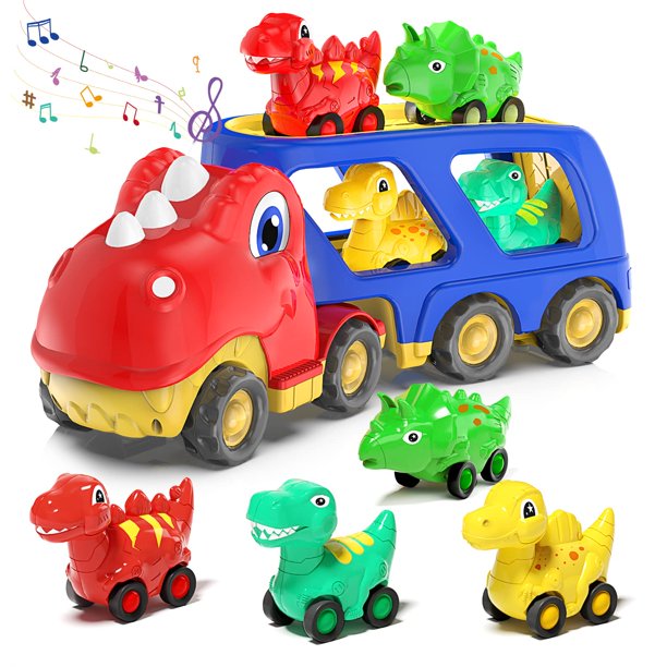 Camión de transporte de coches de juguete Veslier Dinosaur con 4 coches retráctiles