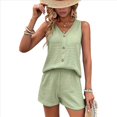 thumbnail image 1 of Conjunto Casual de 2 Piezas para Mujer, Jersey con Cuello en V y Pantalones Cortos de Cintura Alta, Chándal Transpirable de Color Sólido, Verde , Talla XL, 1 of 9
