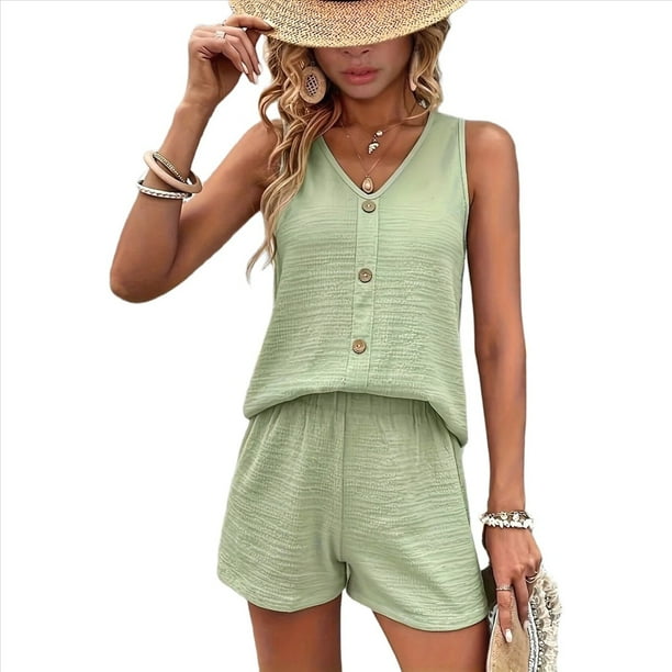 Conjunto Casual de 2 Piezas para Mujer, Jersey con Cuello en V y Pantalones Cortos de Cintura Alta, Chándal Transpirable de Color Sólido, Verde , Talla XL