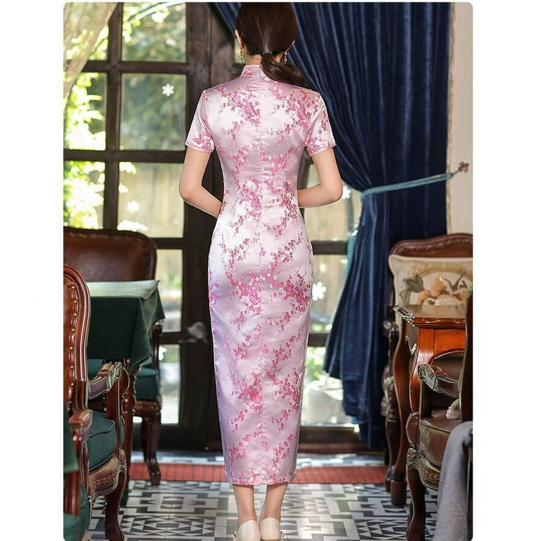 Vintage Long Cheongsam Qipao Dress, Plum Satin, Short Sleeve, Front Split,  Chinese Traditional Style - Walmart.com