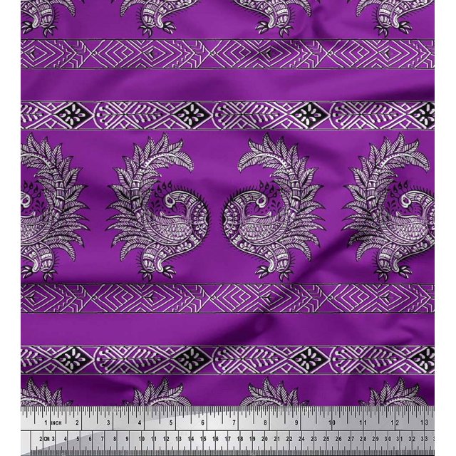 Soimoi Silk Fabric Peacock Block Print Fabric by The Yard 42 Inch Wide