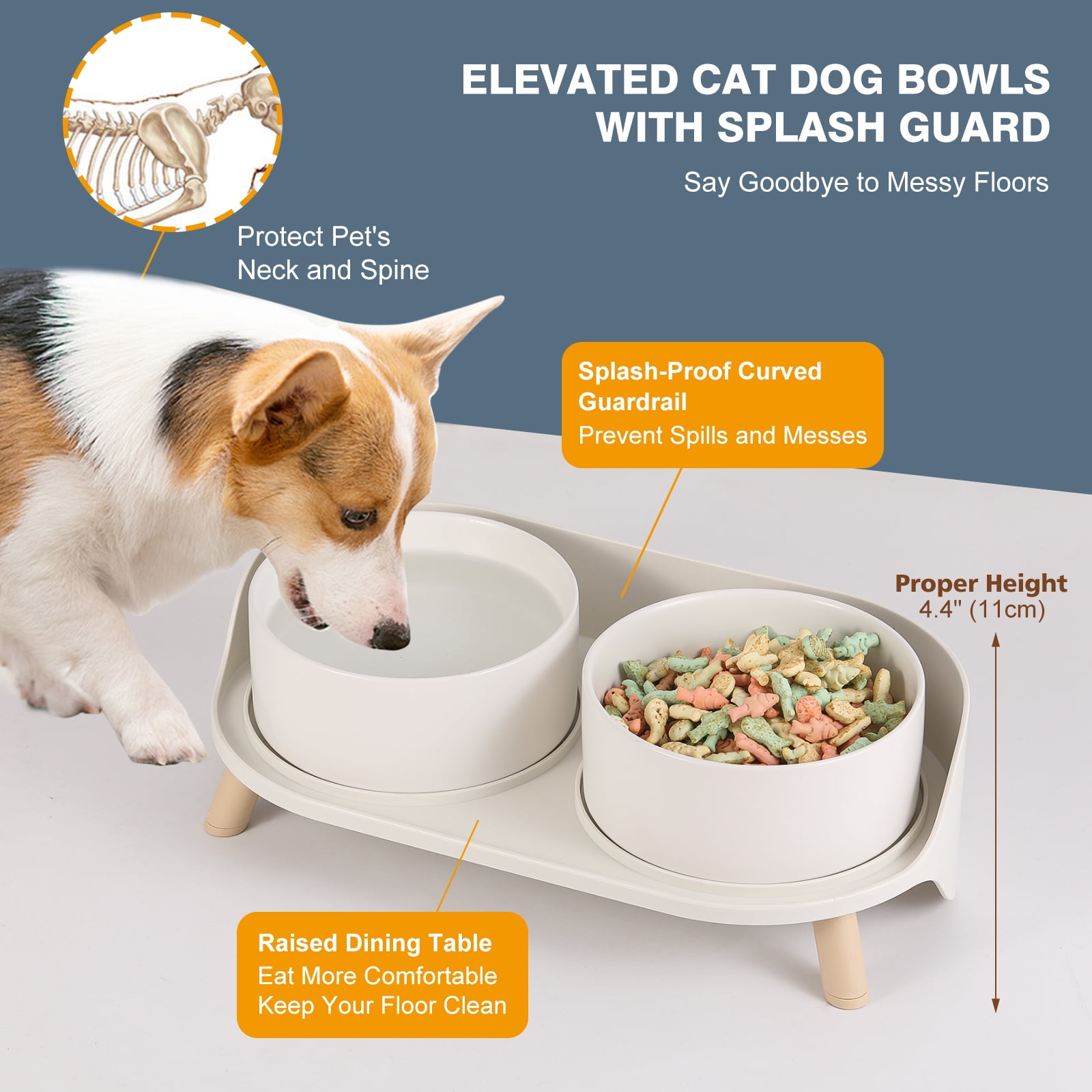 Elevated Dog Food Water Bowl - Raised Ceramic Dog Bowl Set with Non Slip Stand - Double Dog Feeding Bowls for Small to Medium Sized Dogs - 2 x 850 ml - 28.74 oz - White