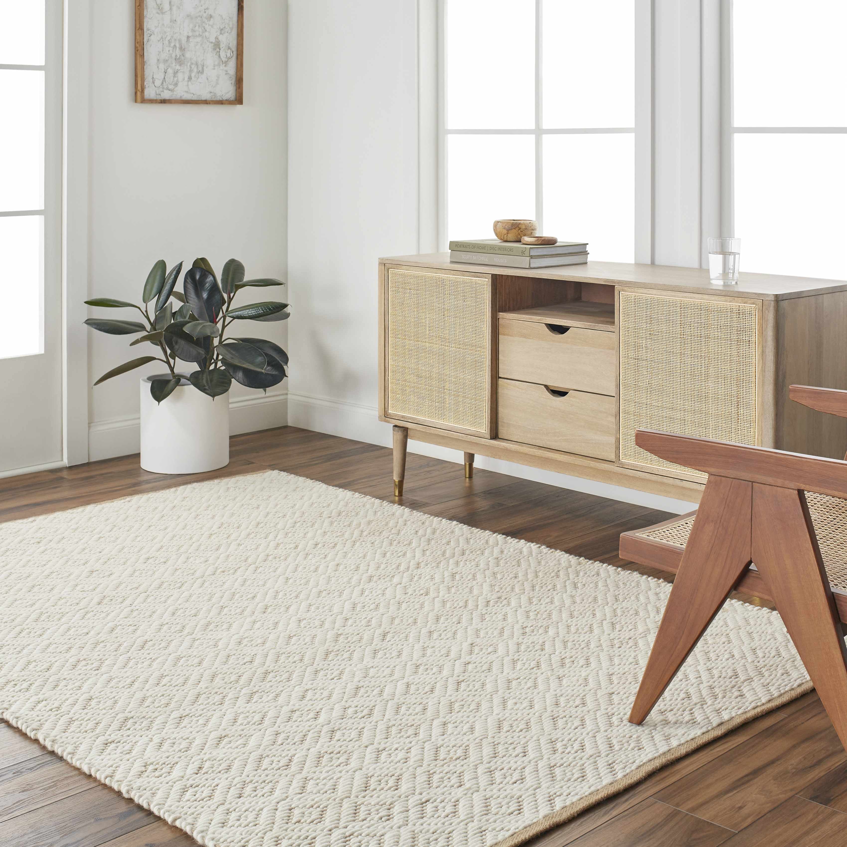 Hauteloom Irela Boho Hand Woven Natural Fiber Wool and Jute Blend Soft Area Rug - Farmhouse Geometric Diamond Carpet - Cream, Beige, Ivory - 5' x 7'6"