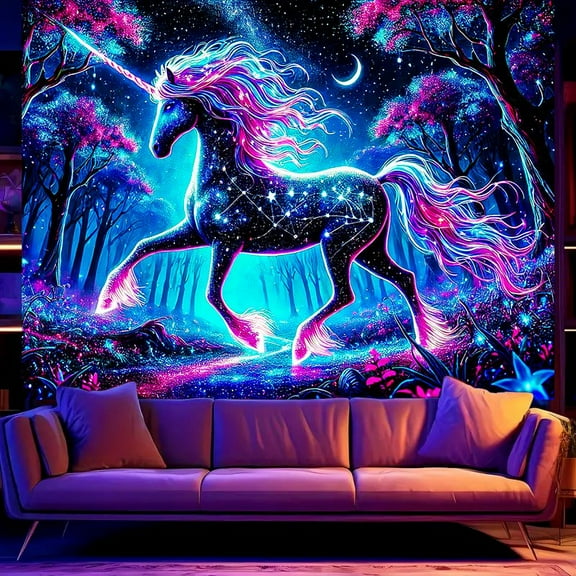 1PC, 2D/Flat polyester fluorescent tapestry, blue unicorn under starlight, UV black light reaction tapestry 78.74*59.06 inches, very suitable for wall hanging in living rooms, bedrooms, offices, home