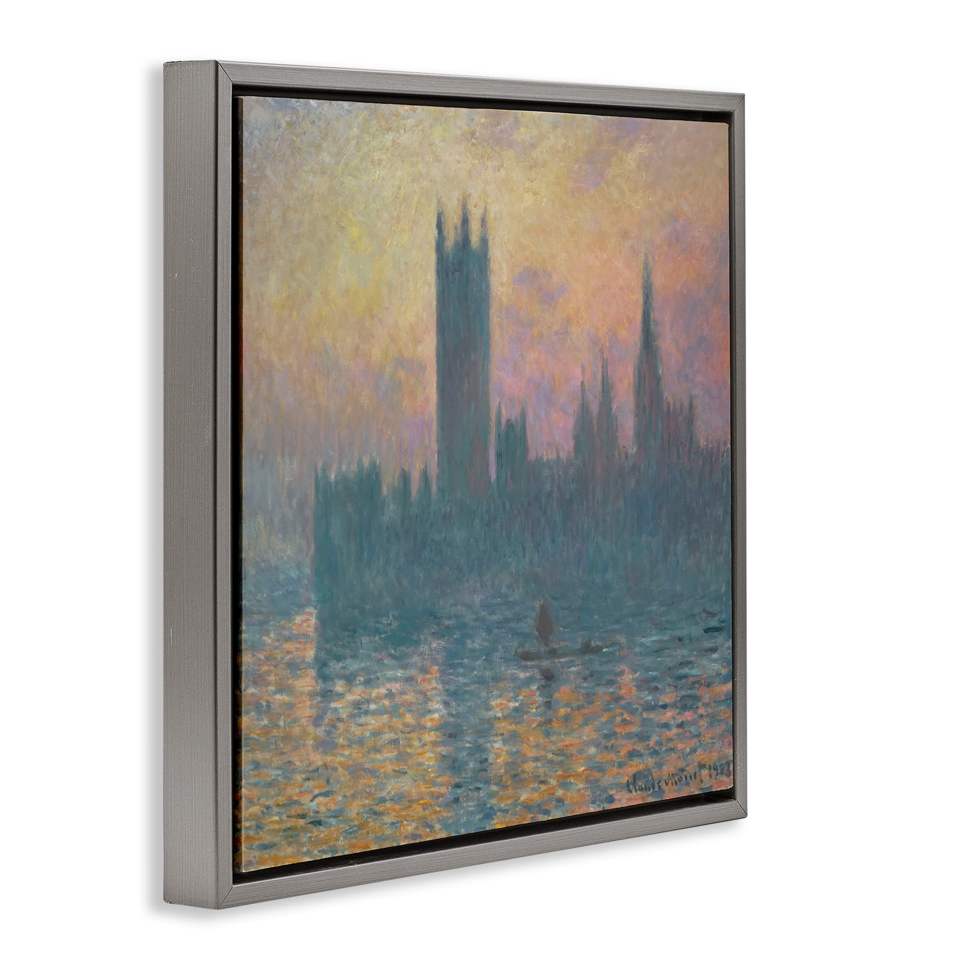Stupell Industries Classical Monet London View Scenic & Cityscapes Painting Gray Floater Framed Canvas Art Print Wall Art, 18 x 18
