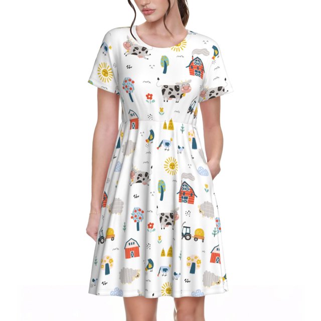Easygdp Farm Animals para Vestido Transpirable de Mujer, Vestido Suelto de Manga Corta con Pliegues y Bolsillos para el Verano