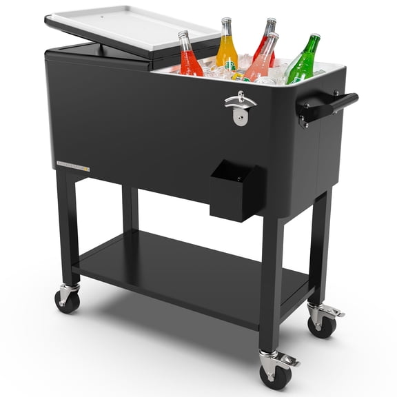 Permasteel Party Cooler with Divider, Removable Basin, Spacious 80-Qt Capacity, Chills 36hrs, Serving Tray, Rolling Ice Chest for Indoor & Outdoor, Matte Black