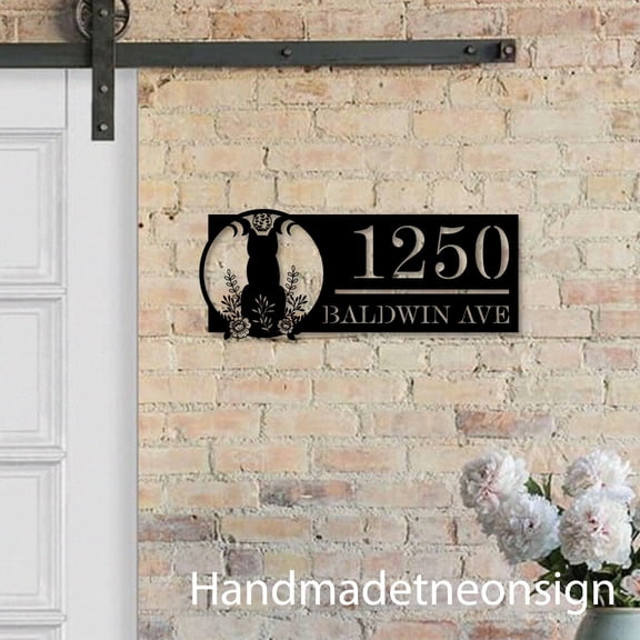 Handmadetneonsign Floral Cat Moon House Number, Cat Home Address Metal, Pet House Address Sign 67512