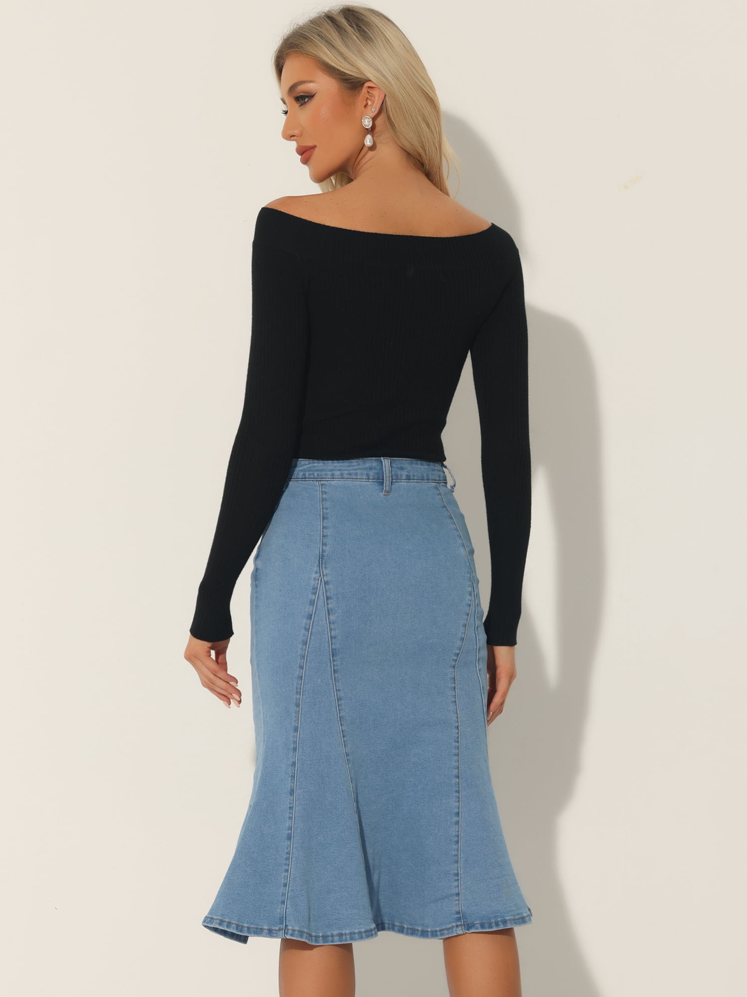 DARING DIVA Women's Denim Ruffle Fishtail Bodycon Midi Skirts L Light Blue