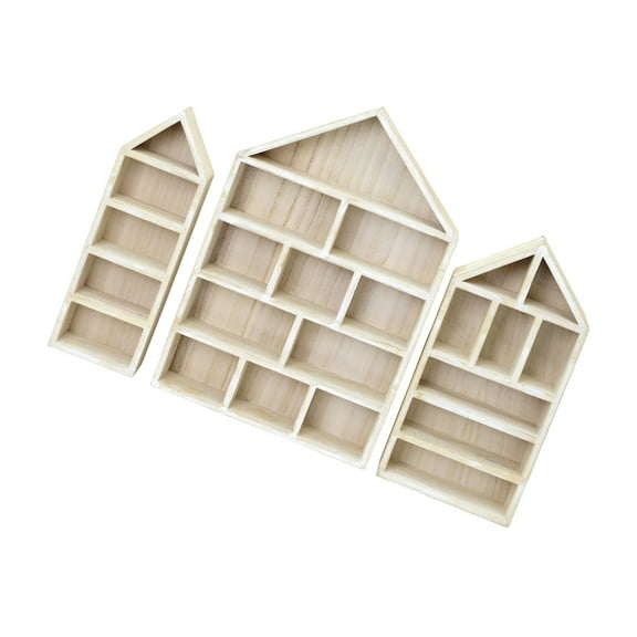 Set of 3 Wooden House Display Shelves Wall Mounted Organizers for Collectible Figures Dustproof Storage Unit