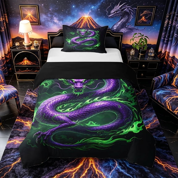Metsweet Animal Dragon Twin Duvet Cover, Japanese Style Twin Bedding, Green Purple,Black Reversible,2pcs,1 Duvet Cover and 1 Pillowcase