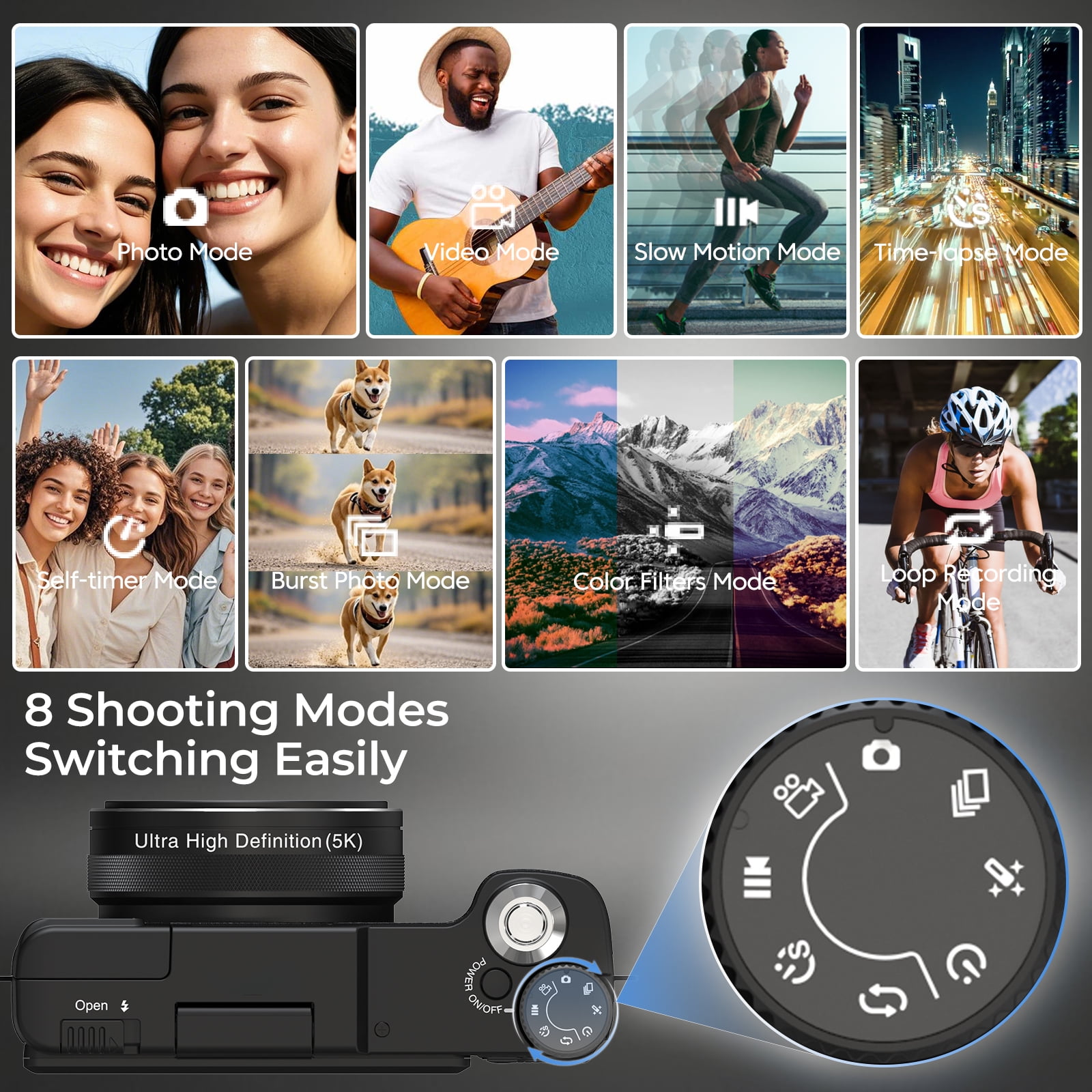 5K Vlogging Camera with WiFi 64MP 4K Digital Camera for Photography Vlog Camera with Flip Screen Video Camera for YouTube with Selfie Light, Desk Tripod, Batteries