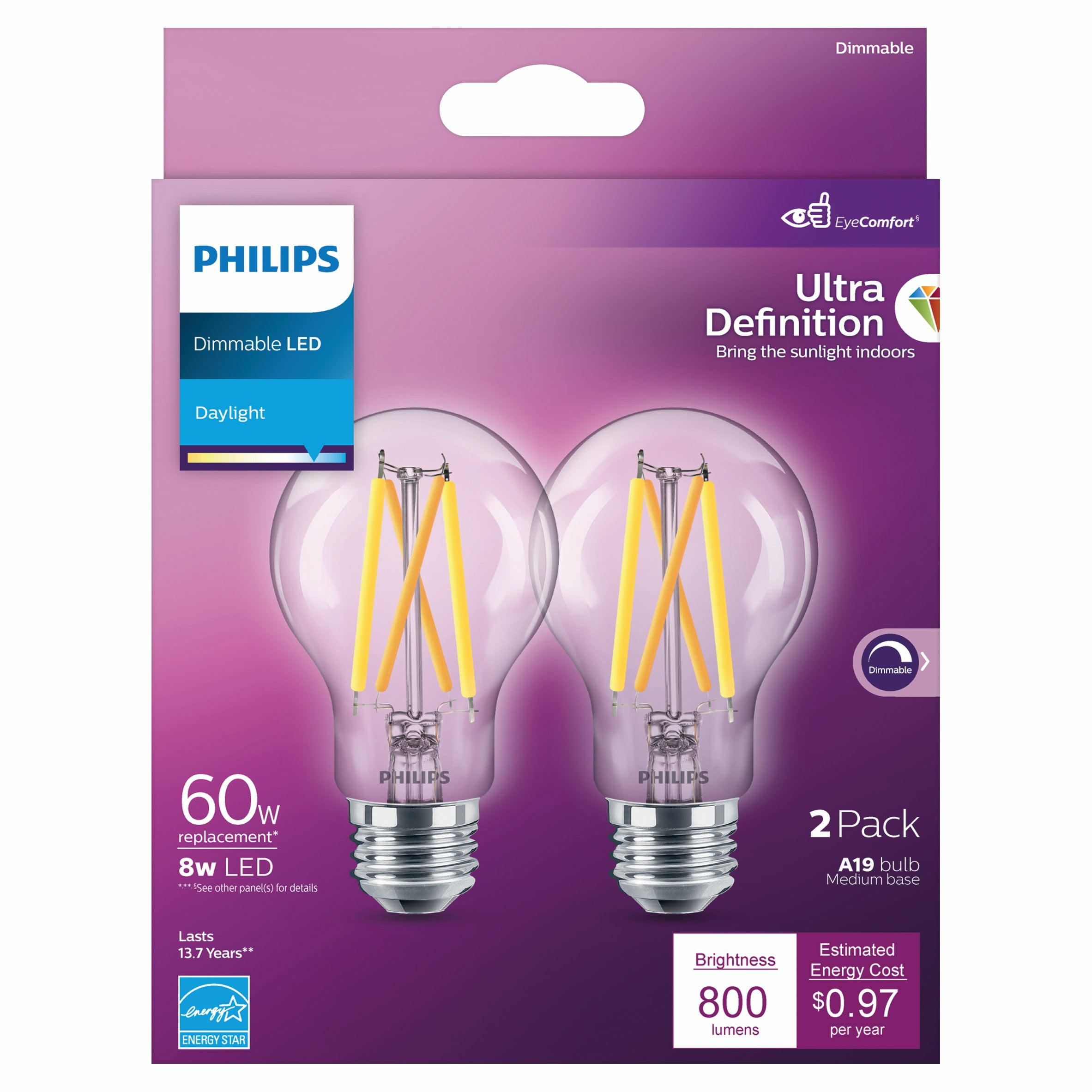 Philips Ultra Definition LED 60-Watt Filament Light Bulb, Clear Daylight, Dimmable, E26 Base -