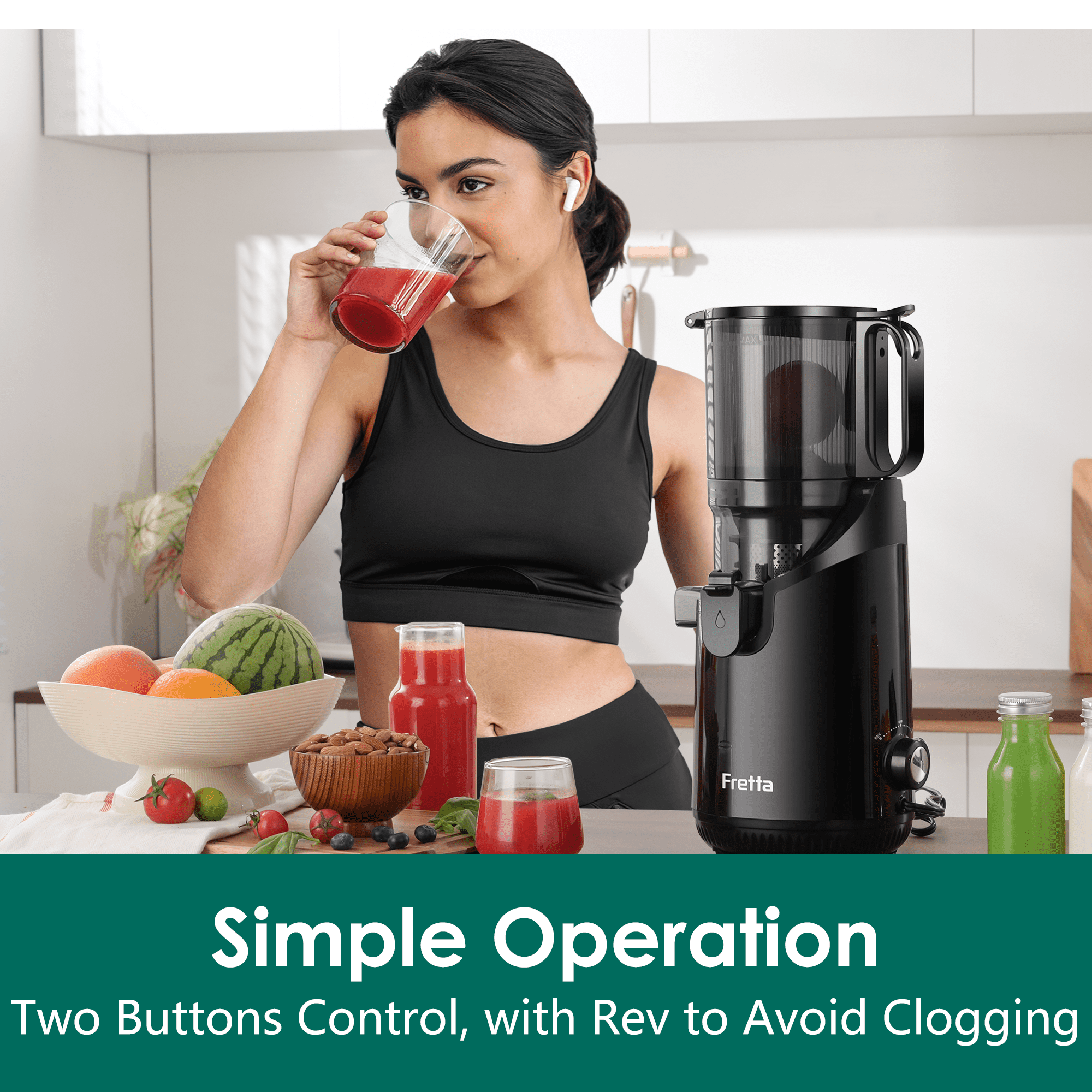 Fretta Cold Press Juicer with 5.3" Extra Large Feed Chute, 250W Slow Masticating Machines Fit Whole Fruits & Vegetables, High Juice Yield, BPA Free (Black)