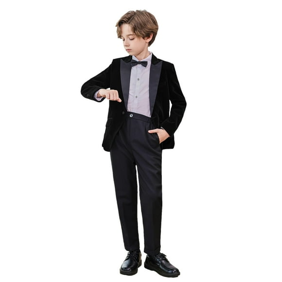 Boys' Formal Slim Fitting Suit Set, Boys Tuxedo Velvet Set Wedding Outfit Two Piece Pant Sets for Lady Black 13Y