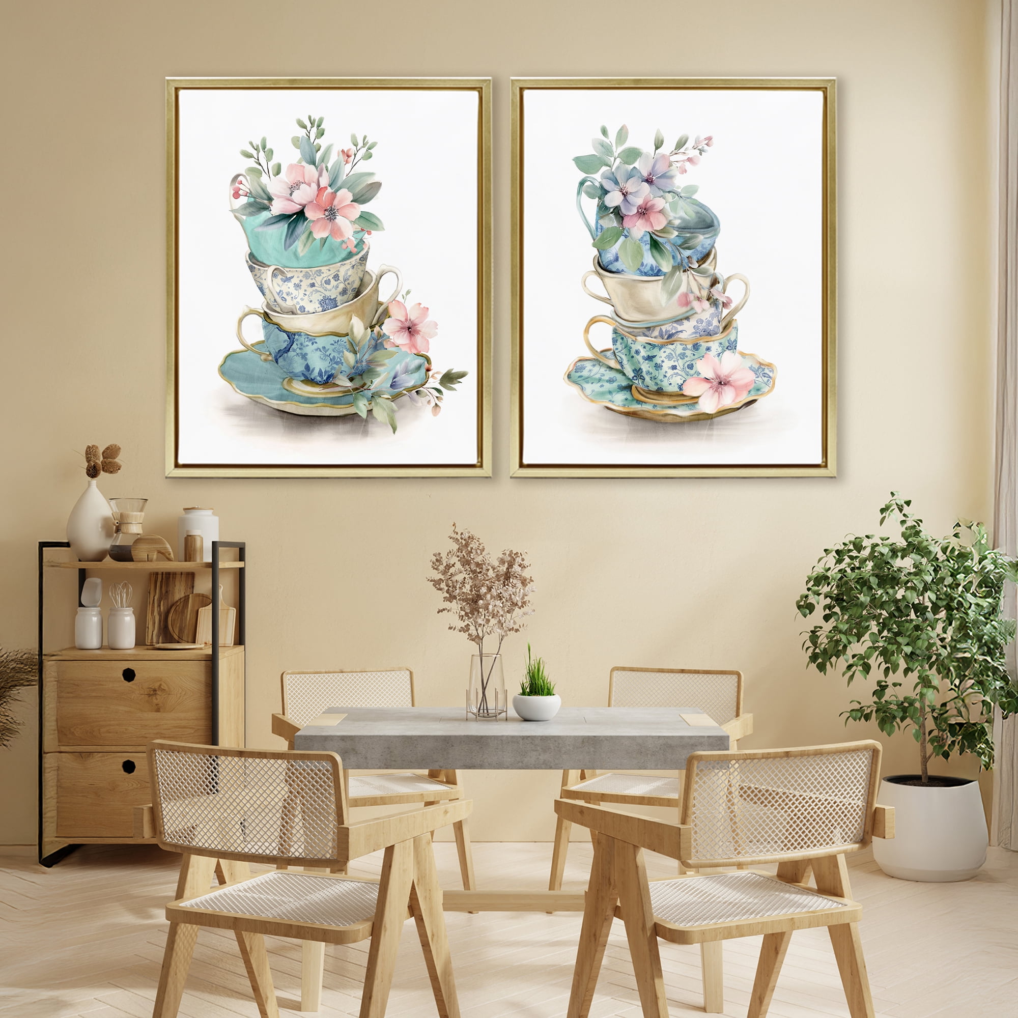 Stupell Industries Stacked Teacup Chinoiserie 2 Piece Gold Framed Floater Canvas Set, design by Kim Allen