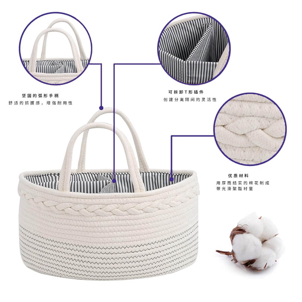Woven Cotton Rope Diaper Caddy Organizer Basket, Portable Storage Tote with Handle for Baby Essentials