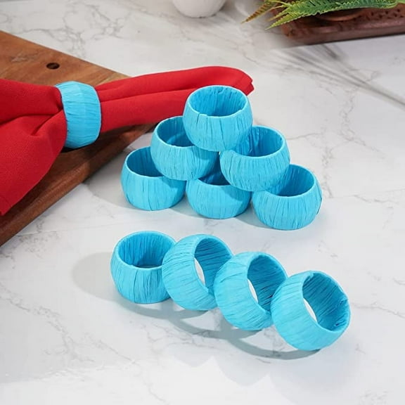 Ajuny Set of 12 Napkin Ring Sky Blue Raffia Round Decorative Holders for Table Decor Dinner Wedding Party