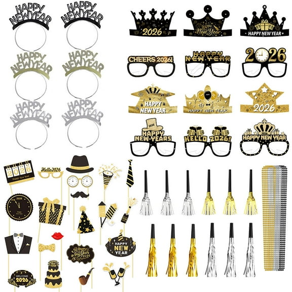 New Years Eve Party Supplies NYE Party Favors 2026 Set New Year Photo Props,NYE Top Hats New Year Headband Eyeglasses for NYE Decorations 2026 New Years Eve Accessories Kit