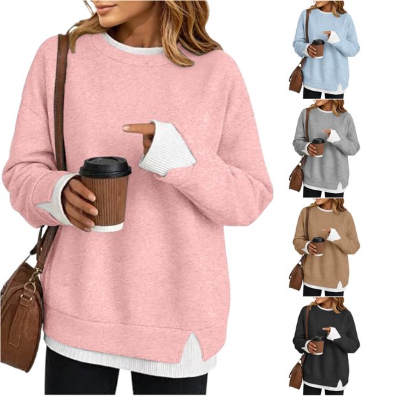 Women Contrast 2 in 1 Look Crewneck Sweatshirt Side Slit Casual Pullover Top