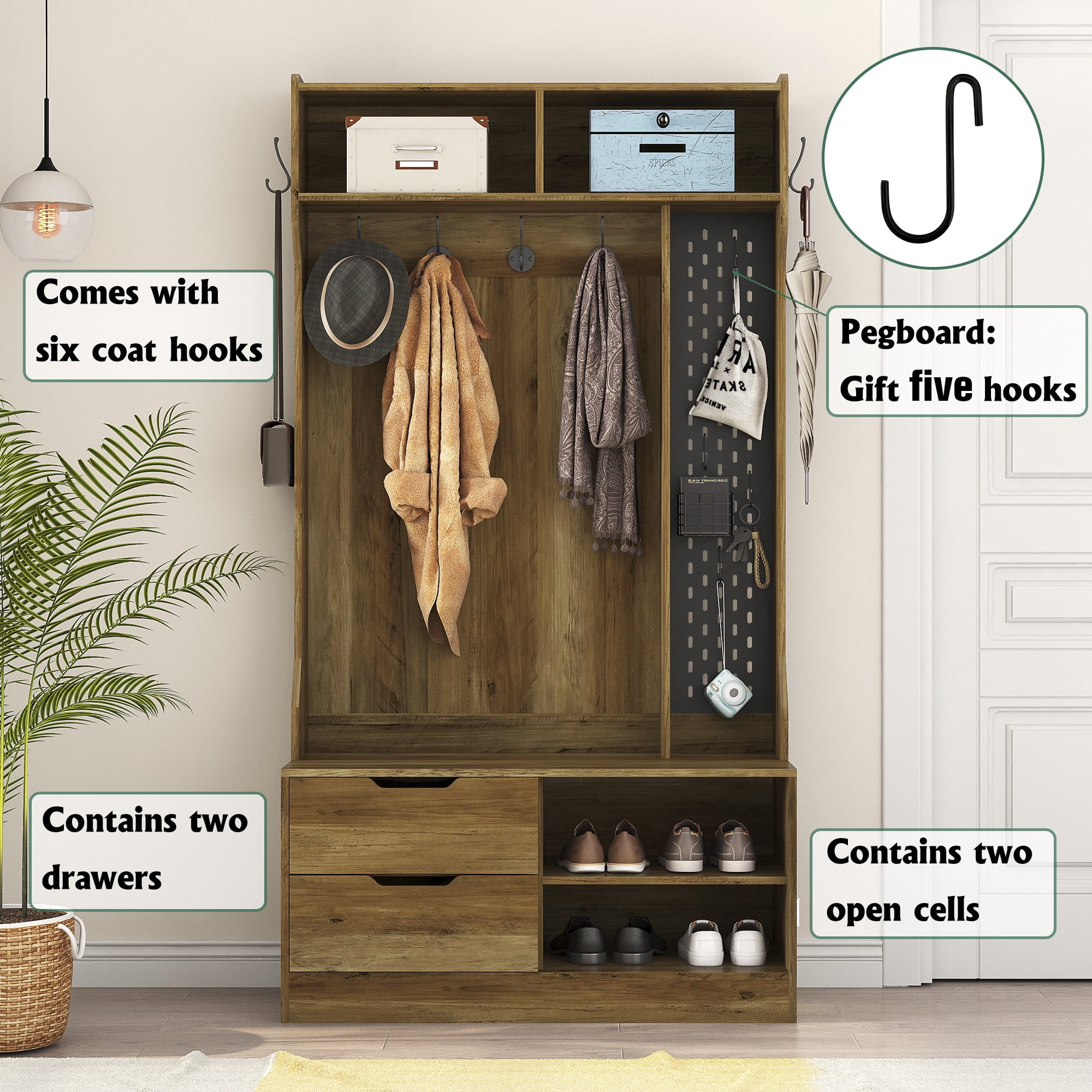 Aukfa Entryway Hall Tree w/ Bench & Shoe Storage, Brown