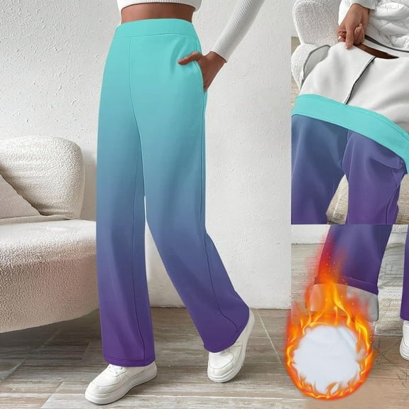 Fleece Lined Yoga Pants for Women Gradient Wide Leg Work Trousers with Pockets Winter High Waisted Sweatpants New Womens Hiking Pants Stretch Light Blue XL