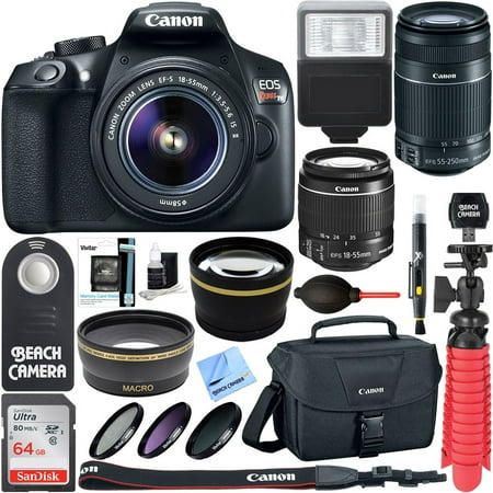 Canon EOS Rebel T6 Digital SLR Camera Wifi + 18-55mm & 55-250mm IS II Lens Kit + Accessory Bundle 64GB SDXC Memory + DSLR Photo Bag + Wide Angle Lens + 2x Telephoto Lens + Flash+Remote+Tripod