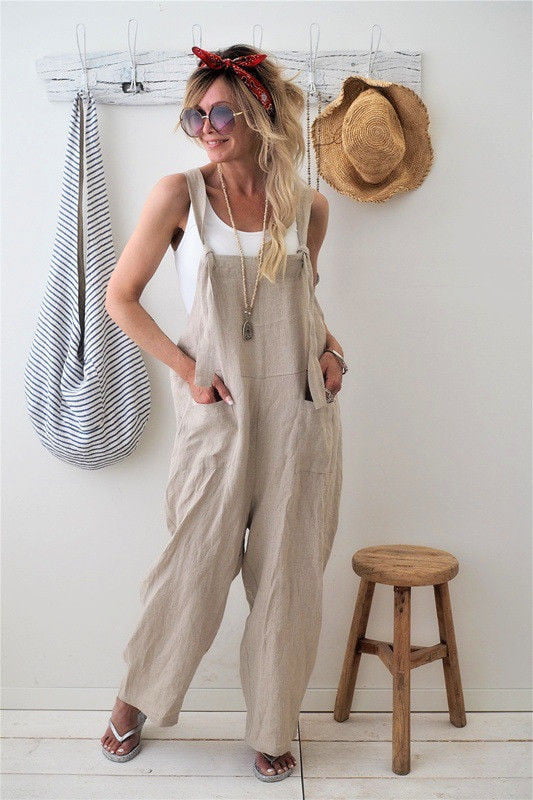 Womens Vintage Dungarees Long Linen Jumpsuits Loose Fit Baggy Overall Wide Leg Playsuit Casual Trousers Pants