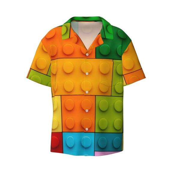 Ratiio Colorful Building Blocks Print Mens Casual Short Sleeve Shirts Button Down Textured Shirts Summer Beach Shirt with Pocket Men's Casual Short-sleeved Shirt