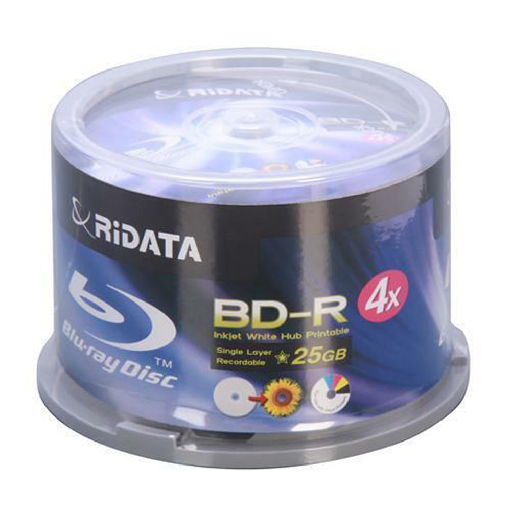 Ridata BD-R 4X 25GB Blu-ray Media White Inkjet Hub Printable Disc, Pack of 50