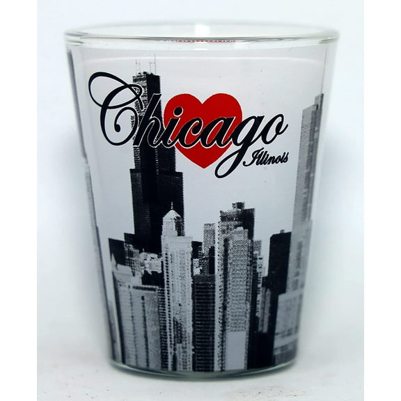 Chicago Illinois White B & W Monument Red Heart Shot Glass