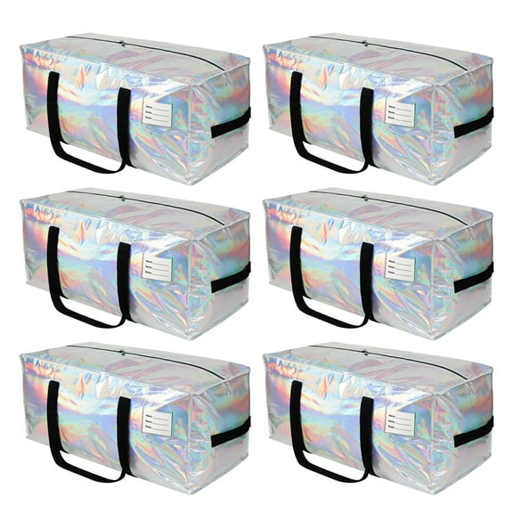 TIJITY 6 Pack Heavy Duty Moving Bags with Zippers & Carrying Handles, Extra Large Waterproof Storage Tote Moving Boxes for Dorm & Seasonal Storage, Iridescent