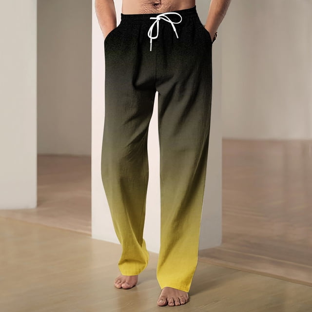 RXIRUCGD Men's Fashion Drawstring Elastic Waist Gradient Color Casual Length Pants, Yellow, Size: M