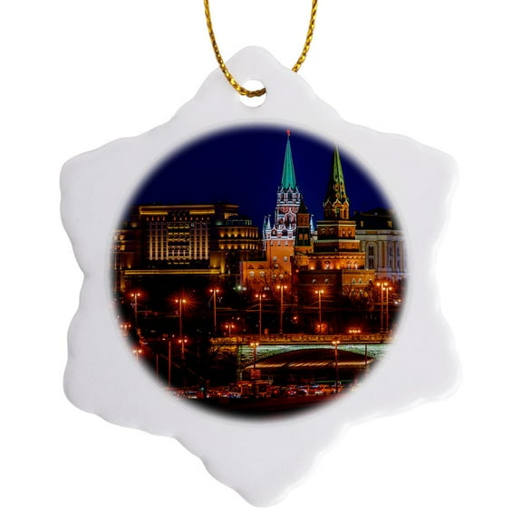 3drose, Moscow Kremlin Towers in Winter. Evening Lights and Heavy Traffic, 3 inch Snowflake Porcelain Ornament