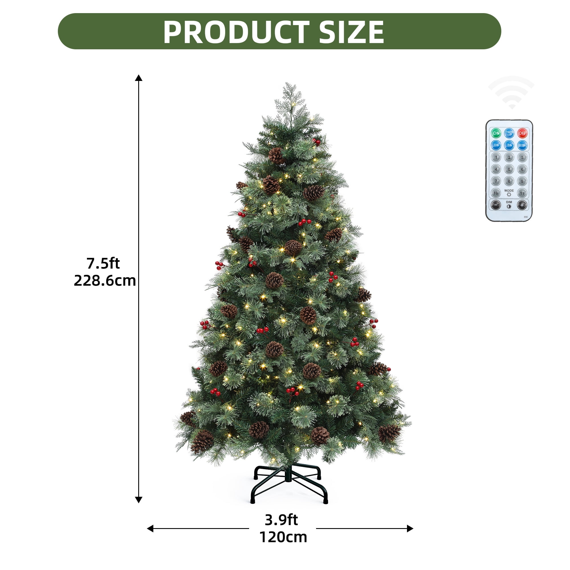 Uforic 7.5 ft Prelit Artificial Carolina Pine Christmas Tree with 1200 Tips & 400 Lights, Remote Control, Green