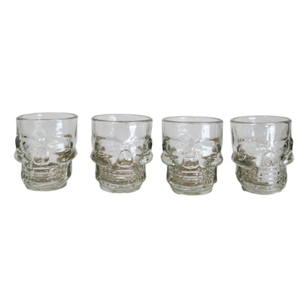 Set of 4 Clear Glass Gothic Skeleton Skull Face Liquor Shot Glasses Shooters