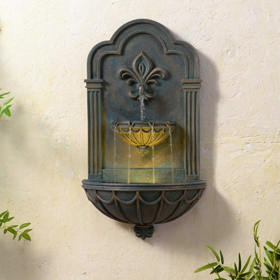 Teamson Home Fleur-de-lis Outdoor Water Fountain–Warm Glow Lighting with Adjustable Flow & Electric Pump, Antique Cooper