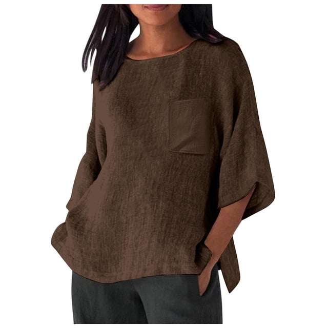 Hauts de Printemps pour Femmes Élégants avec Manches 3/4 et Col Rond en Chemises Unies Confortables pour Femmes Marron TG