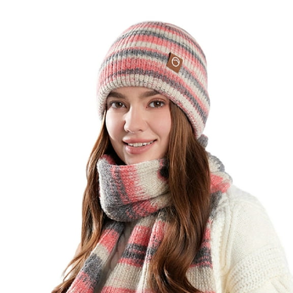 Hat Scarf Set for Women Warm Winter Crochet Beanies Hat Striped Knit Scarves Hot Pink