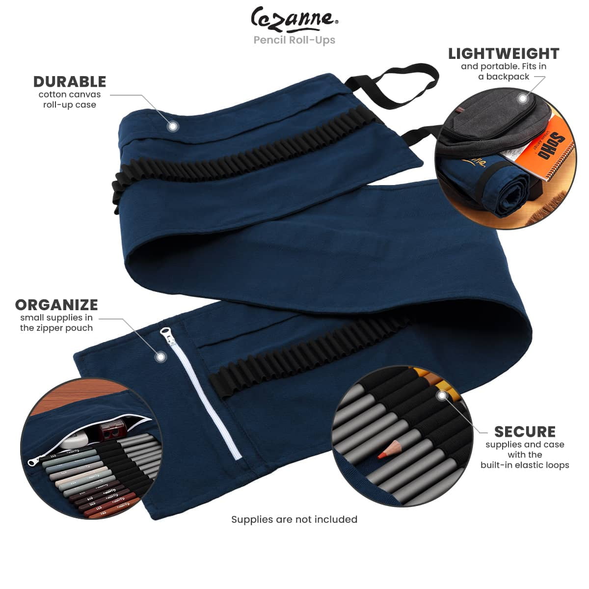 Cezanne Artist Pencil Case - Durable Blue Cotton Canvas Roll-Up Travel Art Case w/ Zipper Art Pouch for Artists, Professionals - Lightweight, Portable Organization- up to 120 Colored Pencils
